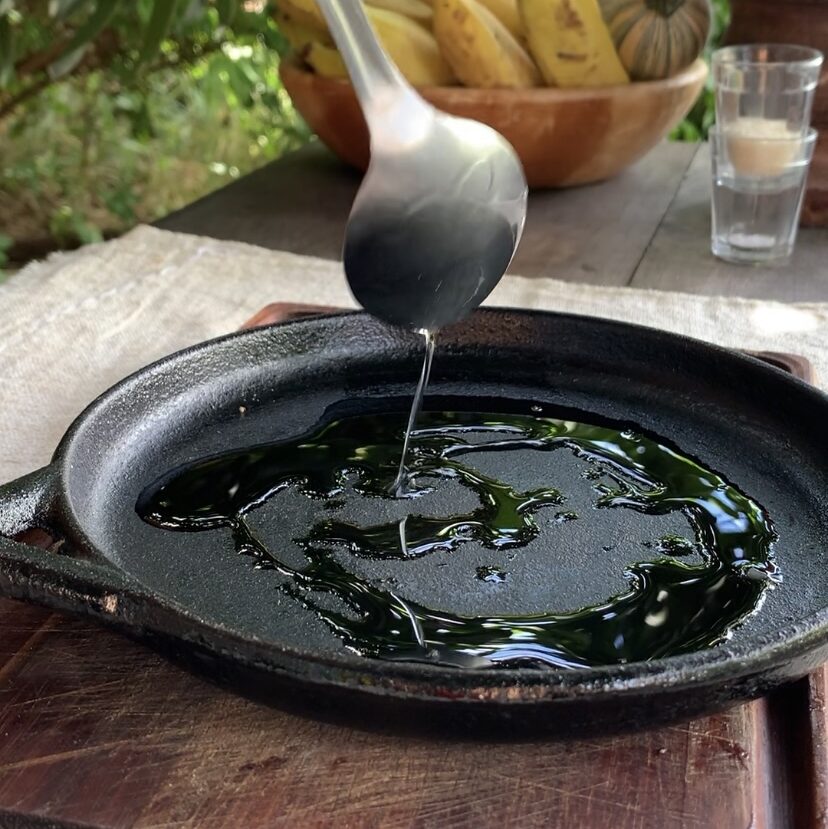 Panela de ferro com óleo de côco em sua superficie